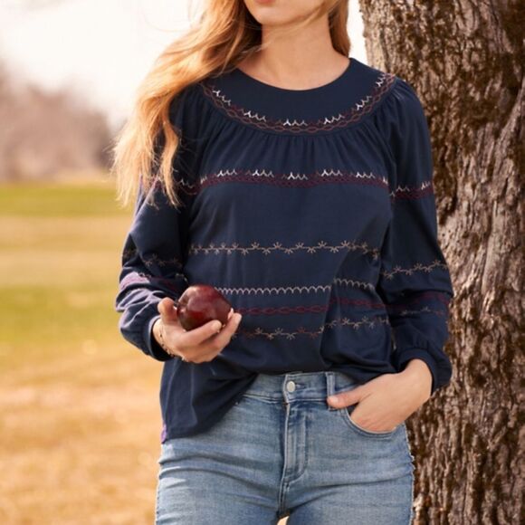 Garnet Hill women’s Dahla embroidered knit boho burnt orange top blouse medium! - Picture 1 of 15